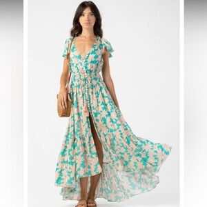Tiare Hawaii Teal and Cream Maxi Dress